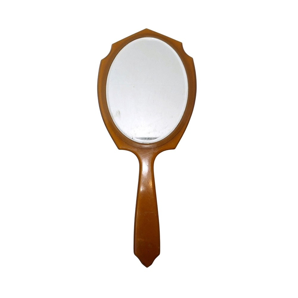 Vintage Art Deco‎ Celluloid Hand Mirror Yellow Pearloid Monogram Amber Tone 14"